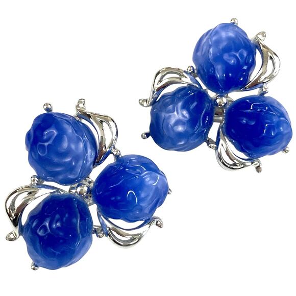 Vintage Signed Star Lucite Cobalt Blue Cluster Clip Earrings Mid Century 1960s - Picture 1 of 13